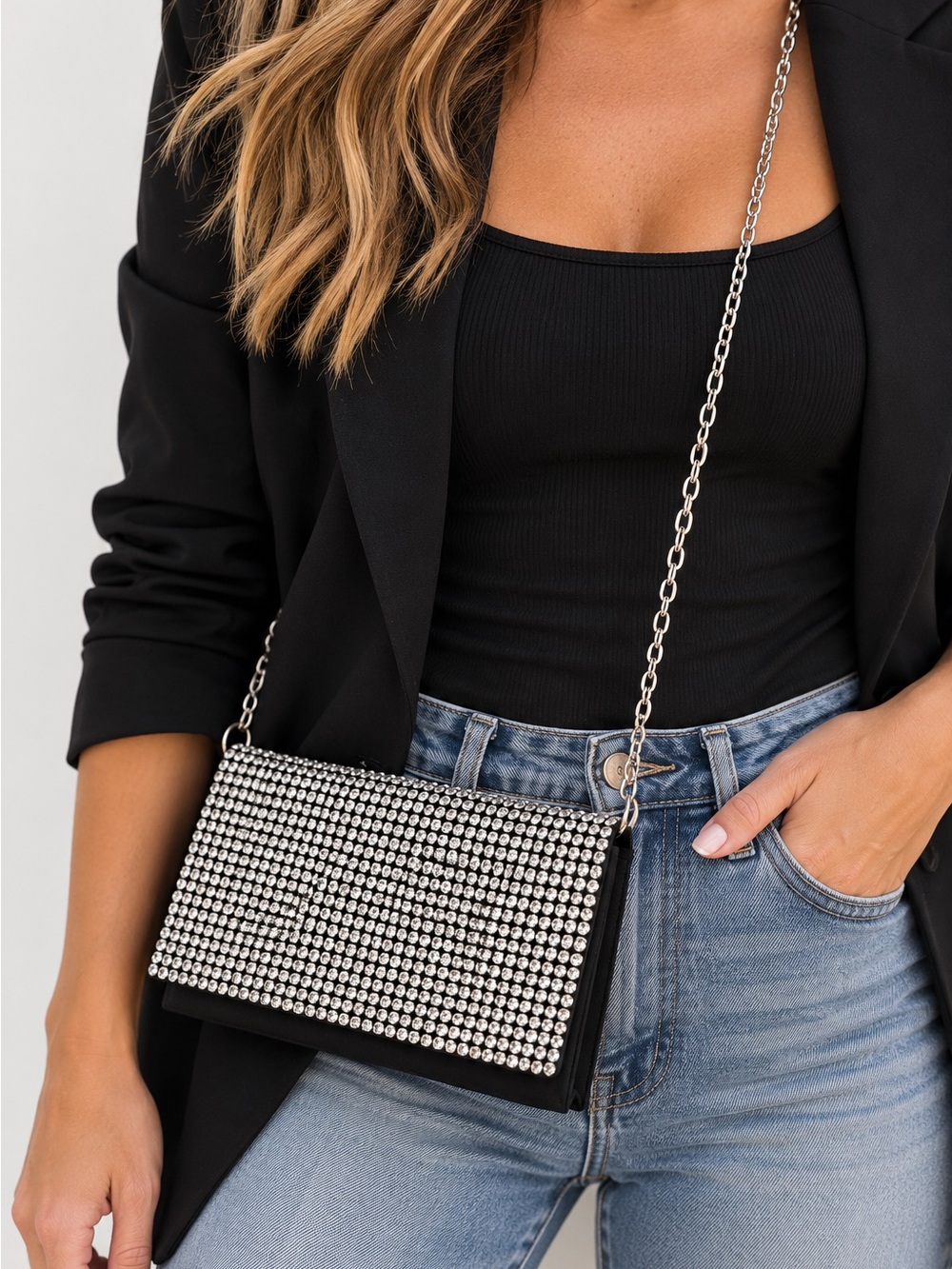 Amber Sceats Rhinestone Crystal Black Evening Crossbody Clutch Bag